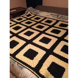 Vintage-handmade Crocheted afghan Granny Square Black, And Yellow. Heavy
